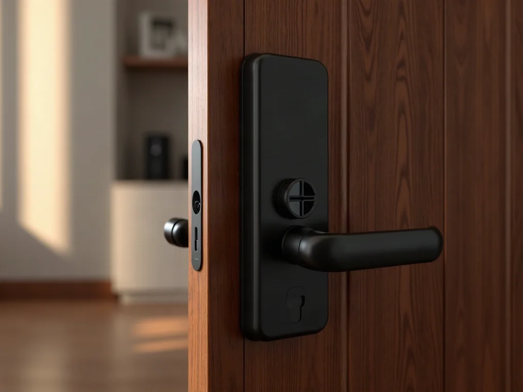 Sleek matte black smart lock on walnut door with text BEST SMART LOCKS 2026