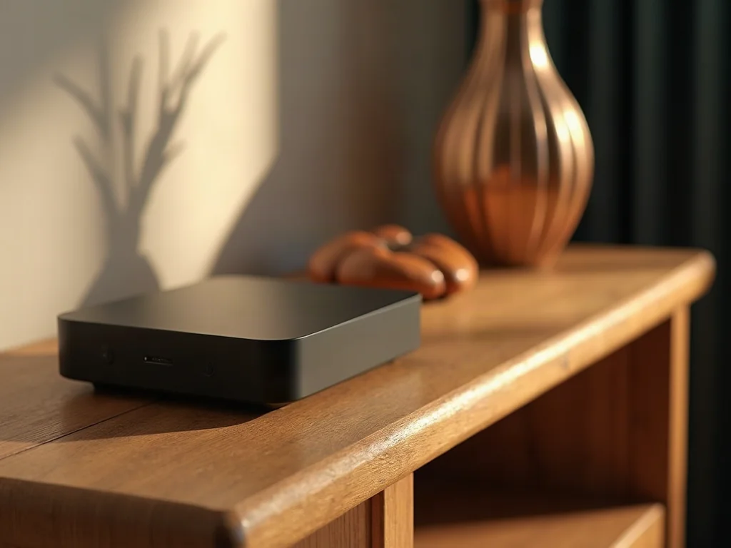 Minimalist smart home hub on wooden console with text DO YOU NEED A HUB?