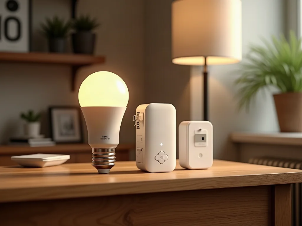 Starter smart home device collection on desk with text SMART HOME STARTER