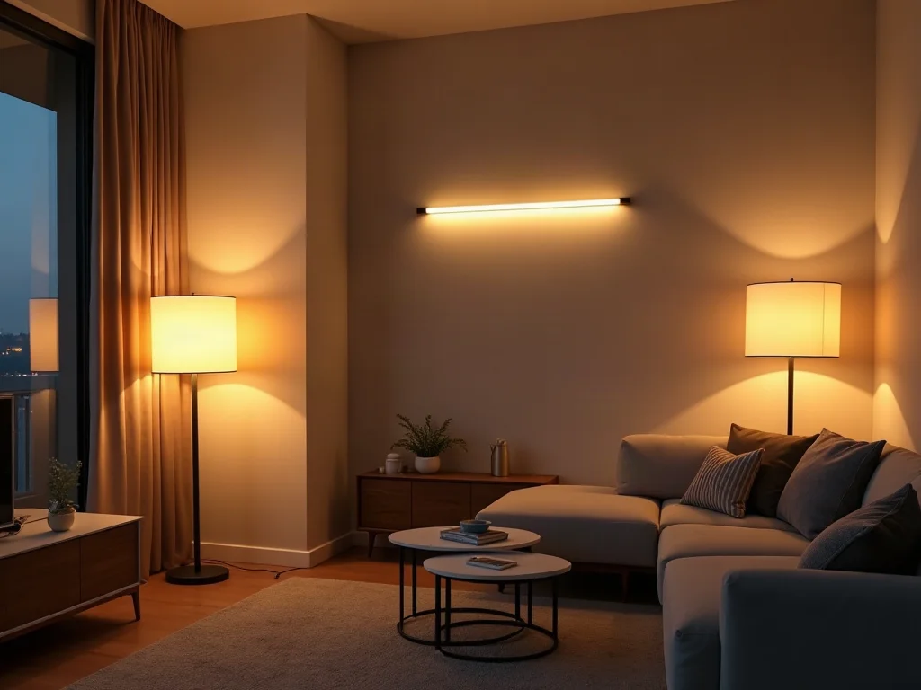Illuminated smart living space with text LIGHTING VS PLUGS What to Automate First