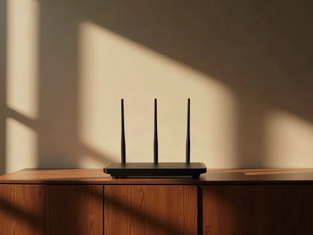 Minimalist Thread border router on sideboard with text MATTER & THREAD